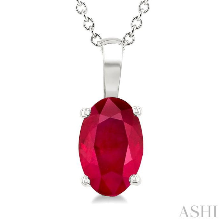 6X4 MM Oval Shape Ruby Precious Solitaire Pendant With Chain in 14K White Gold