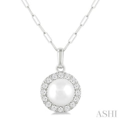 6 MM Cultured White Pearl and 1/6 Ctw Round Cut Diamond Halo Pendant With Chain in 14K White Gold