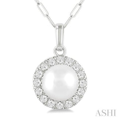 6 MM Cultured White Pearl and 1/6 Ctw Round Cut Diamond Halo Pendant With Chain in 14K White Gold
