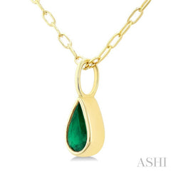 6x4 MM Bezel Set Pear Cut Emerald Precious Fashion Pendant With Paperclip Chain in 14K Yellow Gold