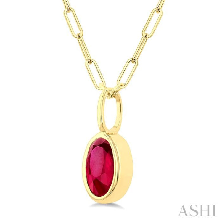 6x4 MM Bezel Set Oval Cut Ruby Precious Fashion Pendant With Paperclip Chain in 14K Yellow Gold