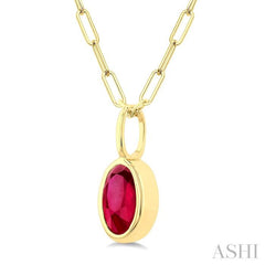 6x4 MM Bezel Set Oval Cut Ruby Precious Fashion Pendant With Paperclip Chain in 14K Yellow Gold