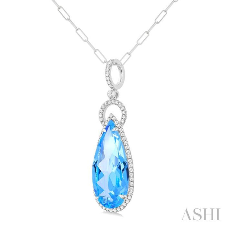 22X10 MM Pear Cut Blue Topaz and 1/3 Ctw Round Cut Diamond Halo Semi-Precious Pendant With Chain in 14K White Gold