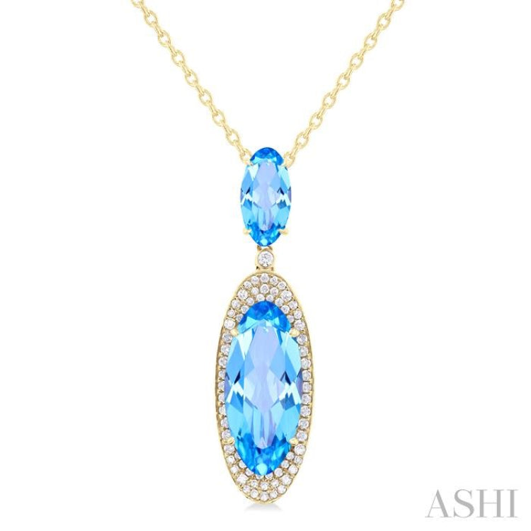 18x8 MM & 10x5 MM Oval Cut Blue Topaz and 1/3 Ctw Round Cut Diamond Halo Semi-Precious Pendant With Chain in 14K Yellow Gold