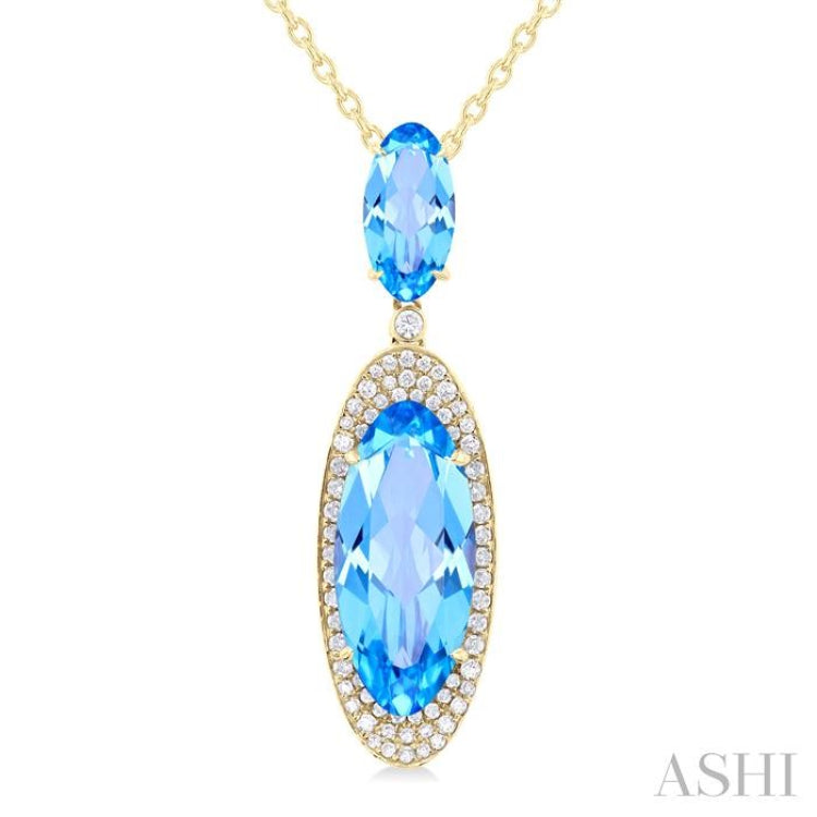18x8 MM & 10x5 MM Oval Cut Blue Topaz and 1/3 Ctw Round Cut Diamond Halo Semi-Precious Pendant With Chain in 14K Yellow Gold