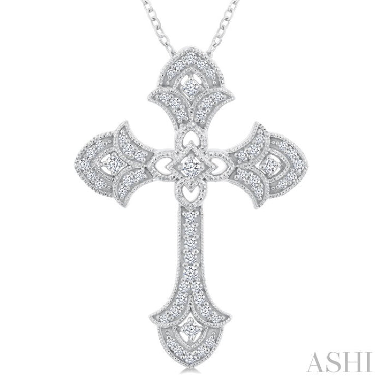 1/4 Ctw Cross Round Cut Diamond Fashion Pendant With Chain in 14K White Gold