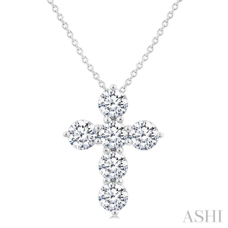 1 1/2 Ctw Round Cut Diamond Christian Cross 6-Stone Fashion Pendant With Chain in 14K White Gold