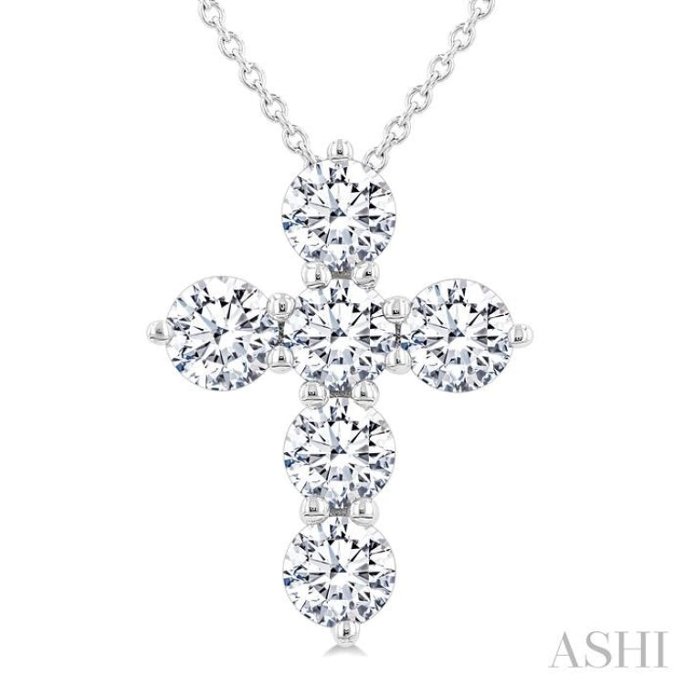 1 1/2 Ctw Round Cut Diamond Christian Cross 6-Stone Fashion Pendant With Chain in 14K White Gold