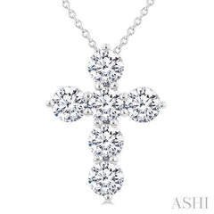 1 1/2 Ctw Round Cut Diamond Christian Cross 6-Stone Fashion Pendant With Chain in 14K White Gold