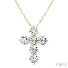1 1/2 Ctw Round Cut Diamond Christian Cross 6-Stone Fashion Pendant With Chain in 14K Yellow Gold
