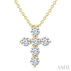 1/3 Ctw Round Cut Diamond Christian Cross 6-Stone Fashion Pendant With Chain in 14K Yellow Gold