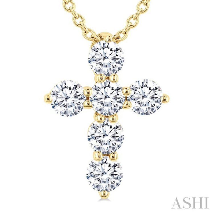 1/3 Ctw Round Cut Diamond Christian Cross 6-Stone Fashion Pendant With Chain in 14K Yellow Gold
