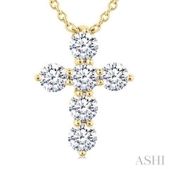 1/3 Ctw Round Cut Diamond Christian Cross 6-Stone Fashion Pendant With Chain in 14K Yellow Gold