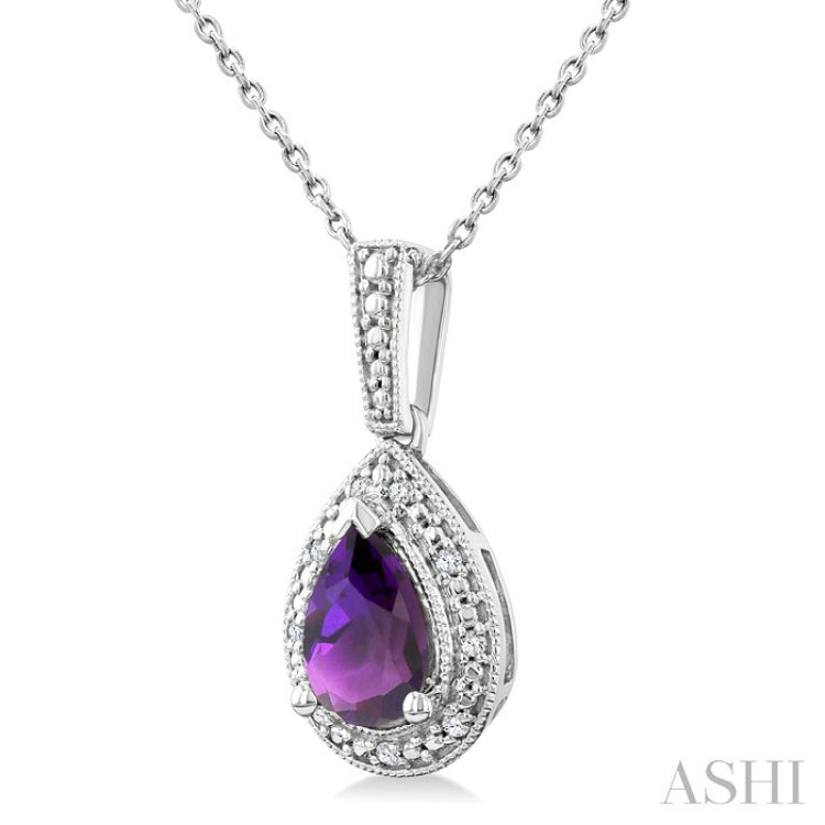 7X5 MM Pear Shape Amethyst and 1/50 Ctw Round Cut Diamond Semi-precious Pendant With Chain in Sterling Silver