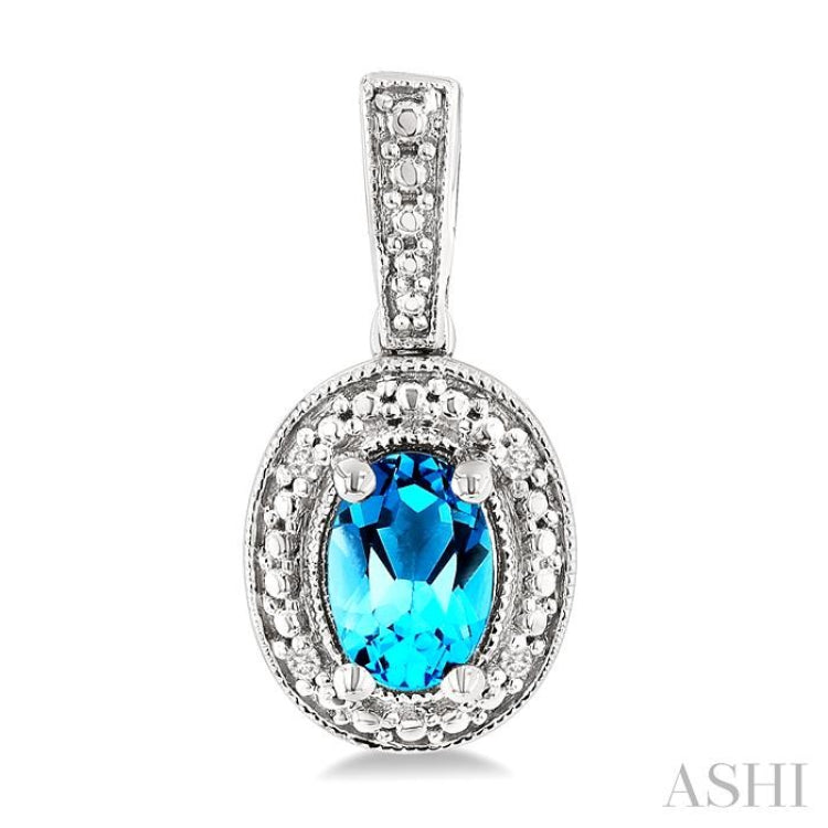 6X4 MM Oval Shape Blue Topaz and 1/50 Ctw Round Cut Diamond Semi-Precious Earrings in Sterling Silver