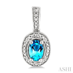 6X4 MM Oval Shape Blue Topaz and 1/50 Ctw Round Cut Diamond Semi-Precious Earrings in Sterling Silver