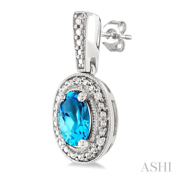 6X4 MM Oval Shape Blue Topaz and 1/50 Ctw Round Cut Diamond Semi-Precious Earrings in Sterling Silver